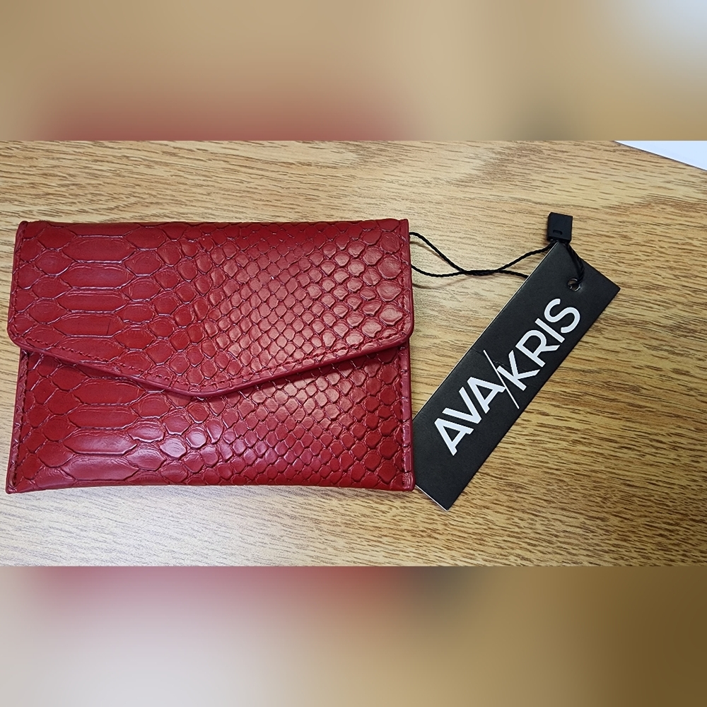 New Ava/Kris Ruby Red Faux Snakeskin Evening Purse 44" Gold Chain 5 X 3.5